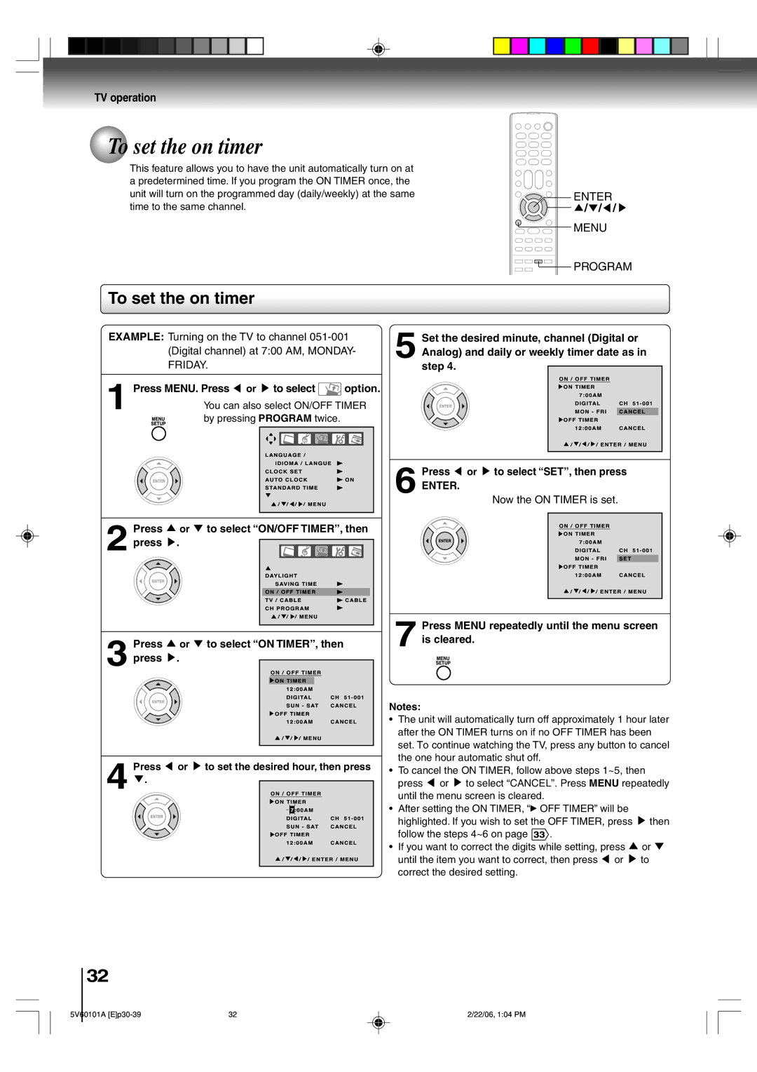 Toshiba MW27H62 owner manual To set the on timer, Enter Menu Program, Now the on Timer is set, Follow the steps 4~6 on 