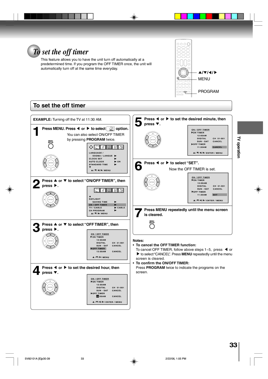 Toshiba MW27H62 owner manual To set the off timer, Menu Program 