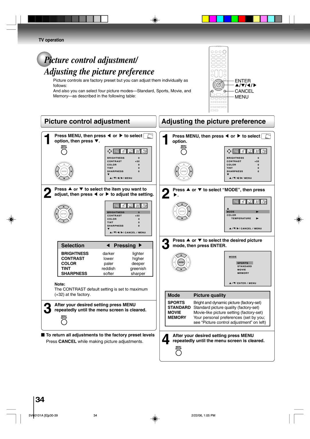 Toshiba MW27H62 owner manual Picture control adjustment Adjusting the picture preference, Mode Picture quality 