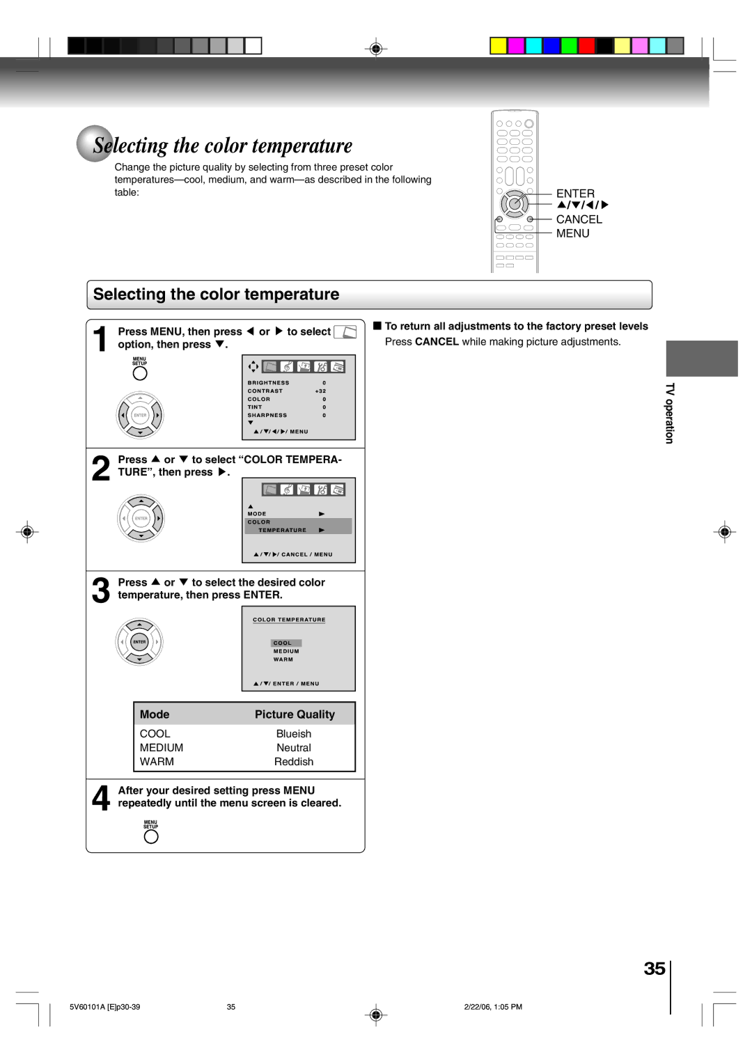 Toshiba MW27H62 owner manual Selecting the color temperature, Cancel Menu, Mode 