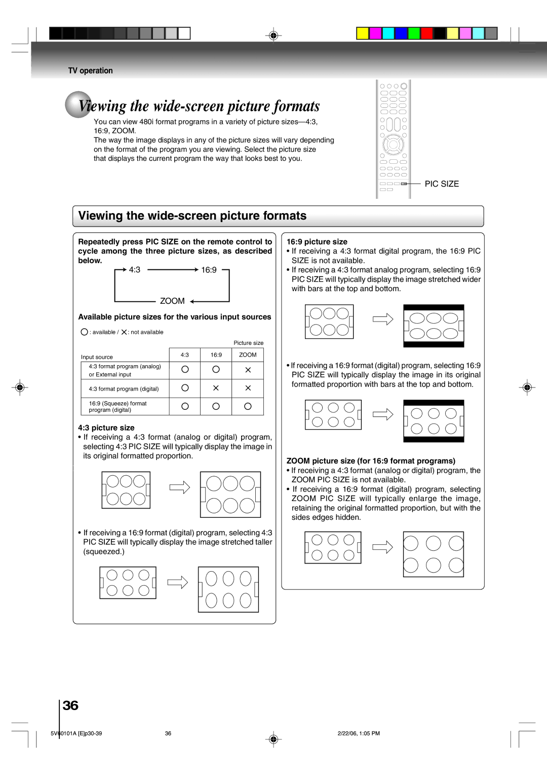 Toshiba MW27H62 owner manual Viewing the wide-screen picture formats, PIC Size, Zoom 