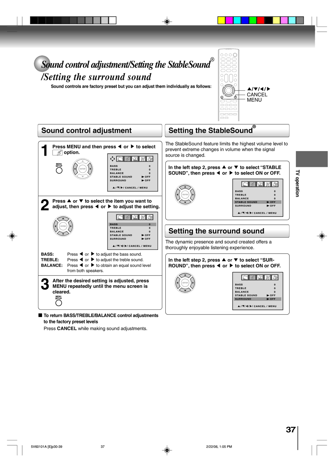 Toshiba MW27H62 owner manual Sound control adjustment, Setting the StableSound, Setting the surround sound 