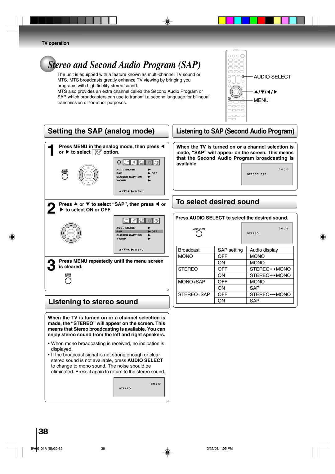 Toshiba MW27H62 owner manual Stereo and Second Audio Program SAP, Setting the SAP analog mode, Listening to stereo sound 