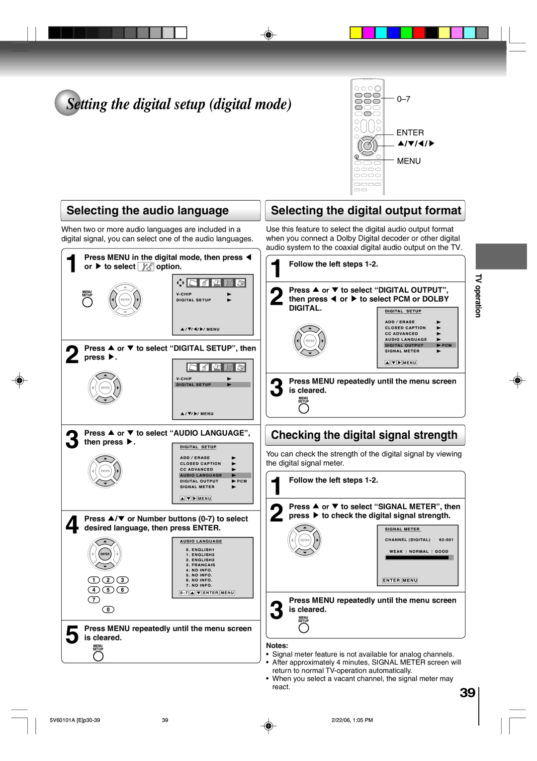 Toshiba MW27H62 owner manual Setting the digital setup digital mode, Press Menu in the digital mode, then press, Digital 