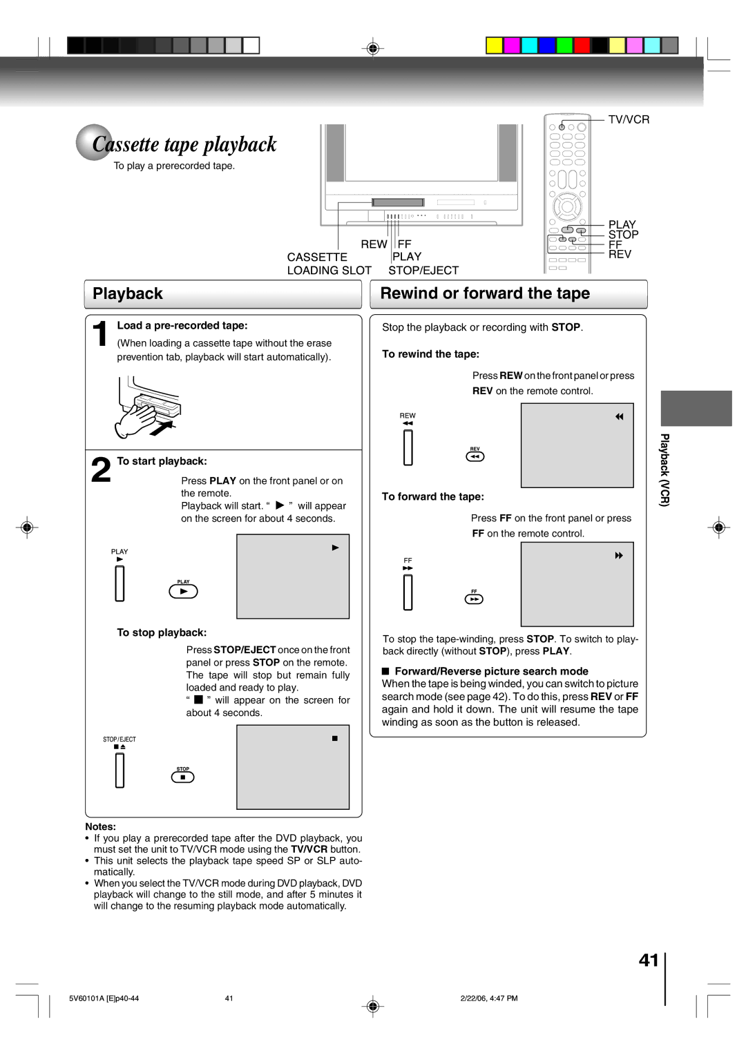 Toshiba MW27H62 owner manual Cassette tape playback, Playback, Rewind or forward the tape, Tv/Vcr, Stop REV 