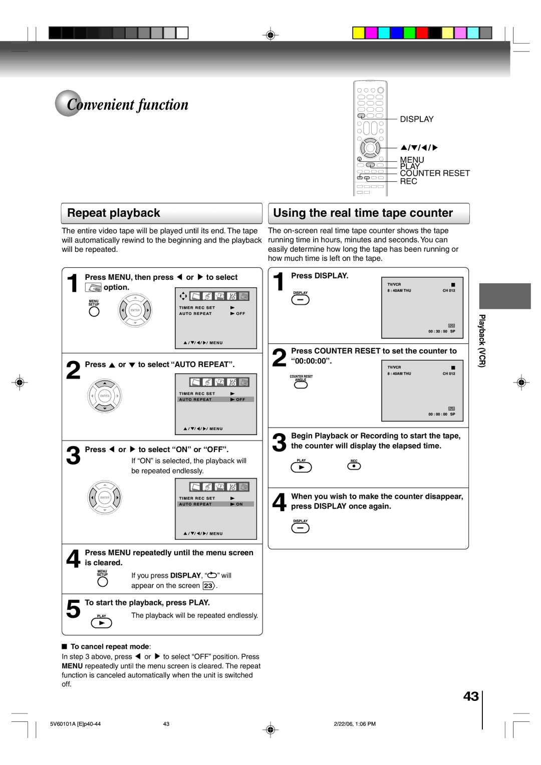 Toshiba MW27H62 Convenient function, Repeat playback Using the real time tape counter, Display Menu Play Counter Reset REC 