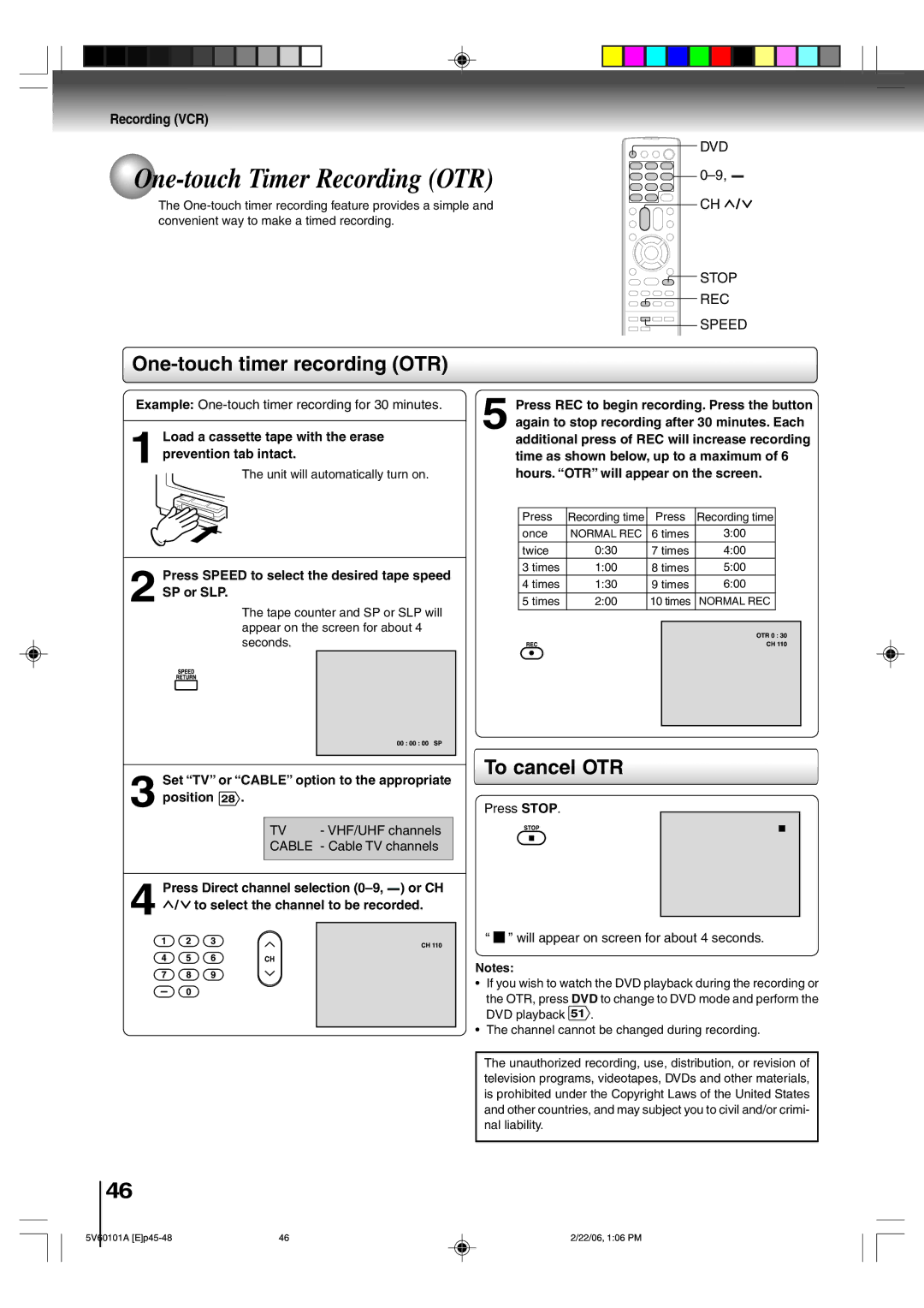 Toshiba MW27H62 owner manual One-touch timer recording OTR, To cancel OTR, Dvd, Stop REC Speed 