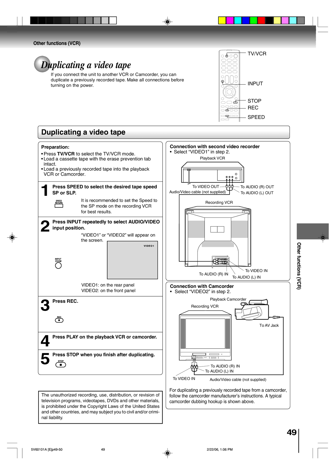 Toshiba MW27H62 owner manual Duplicating a video tape, Other functions VCR, Vcr 