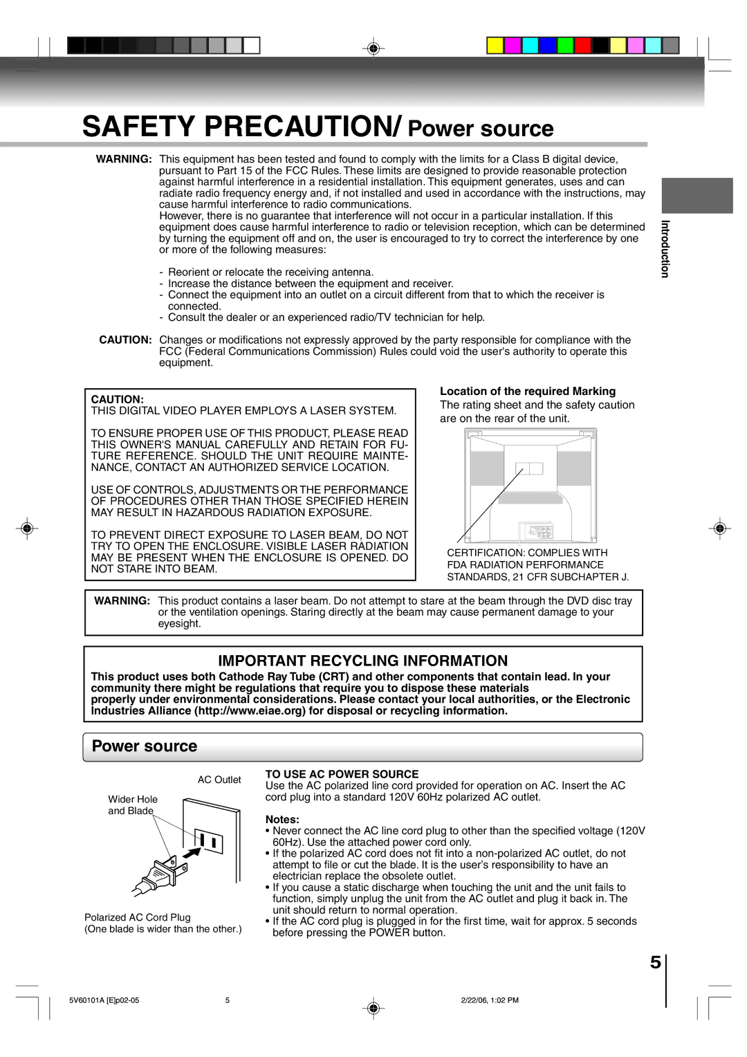 Toshiba MW27H62 Power source, Location of the required Marking, This Digital Video Player Employs a Laser System 