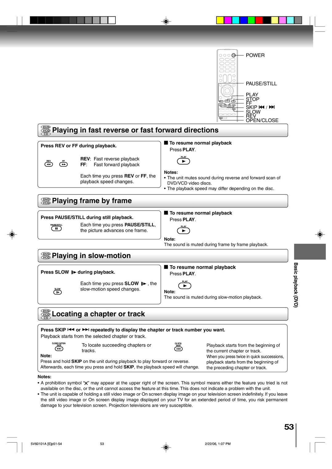 Toshiba MW27H62 owner manual Playing in fast reverse or fast forward directions, Vcddvd Playing frame by frame 