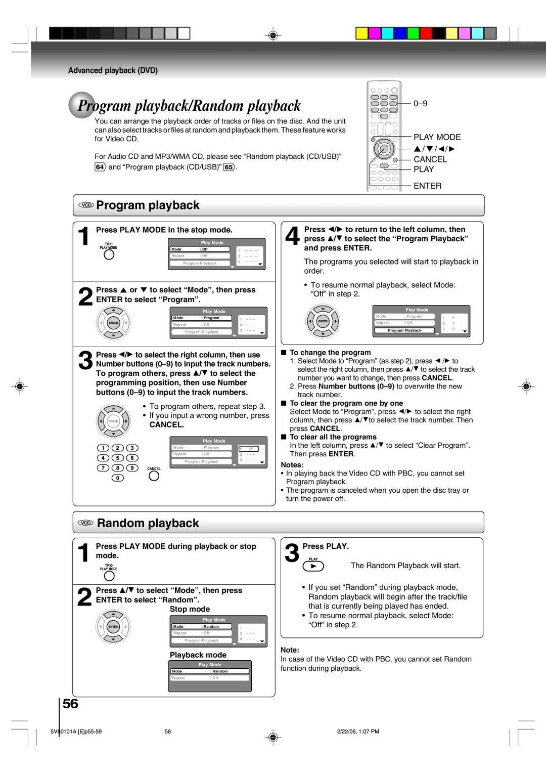 Toshiba MW27H62 Program playback/Random playback, VCD Program playback, VCD Random playback, Play Mode Cancel Play Enter 