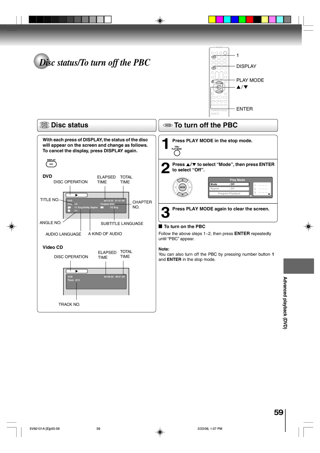 Toshiba MW27H62 owner manual Disc status/To turn off the PBC, Vcddvd Disc status, VCD To turn off the PBC, Play Mode 