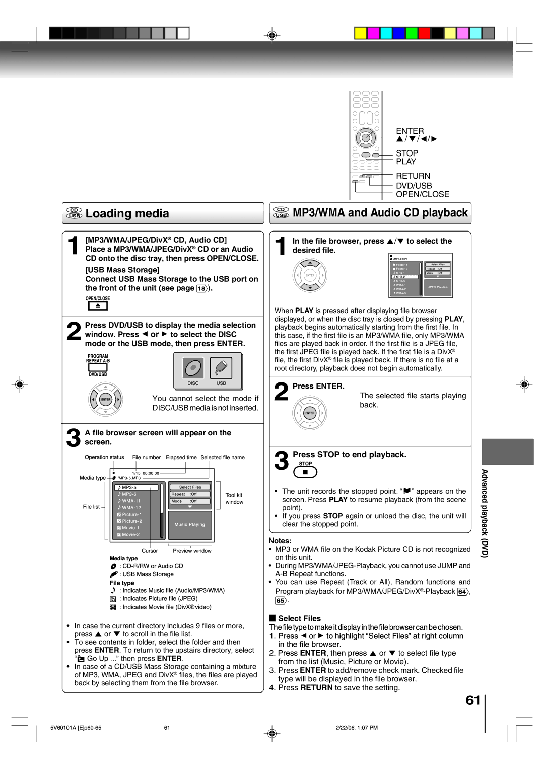 Toshiba MW27H62 owner manual Loading media, Return, Dvd/Usb, Press Stop to end playback 