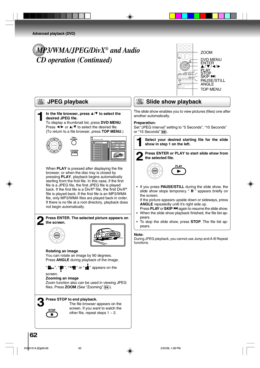 Toshiba MW27H62 owner manual CD operation, Jpeg playback, Slide show playback, DVD Menu, Skip 