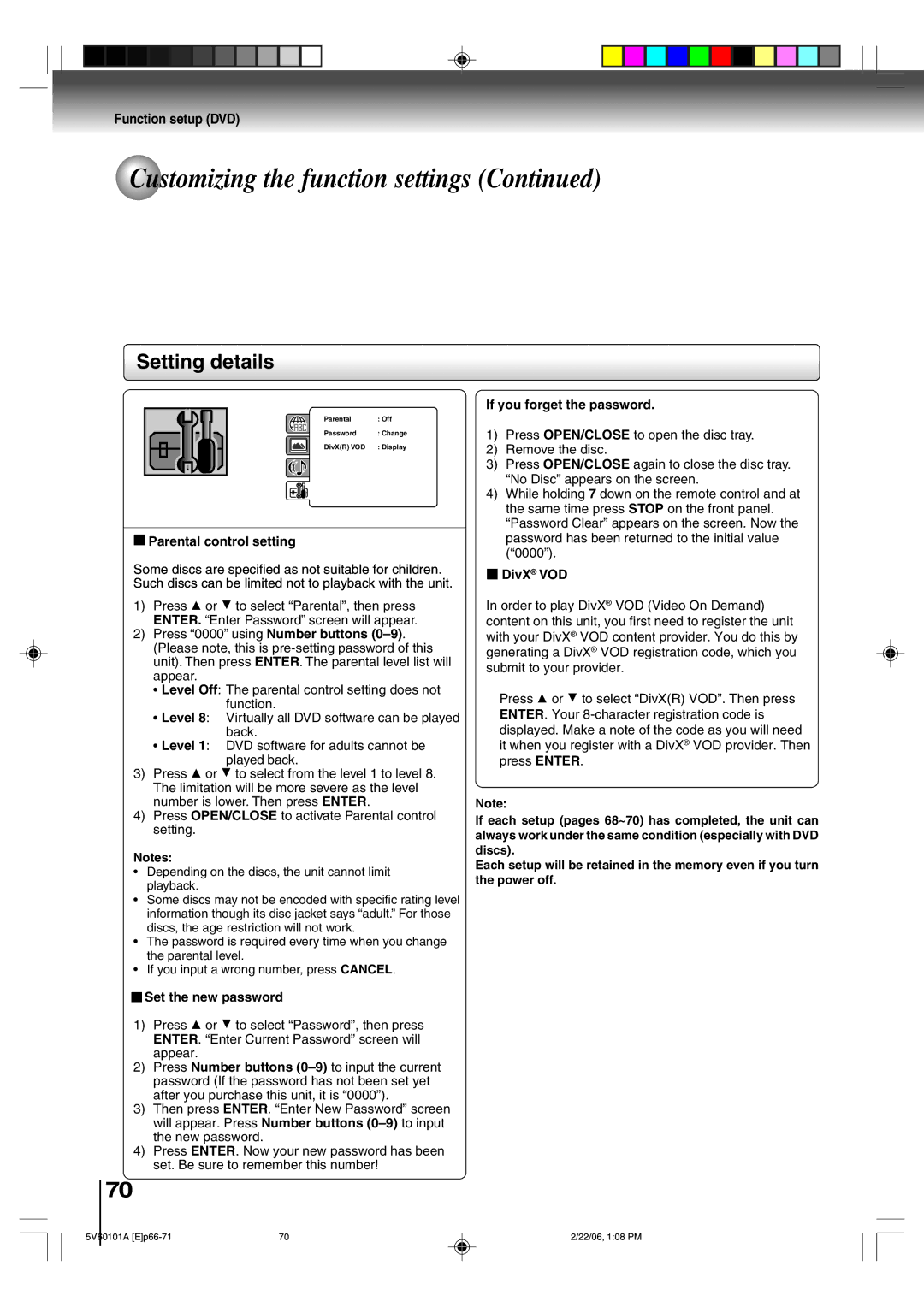 Toshiba MW27H62 owner manual Parental control setting, If you forget the password, DivX VOD 