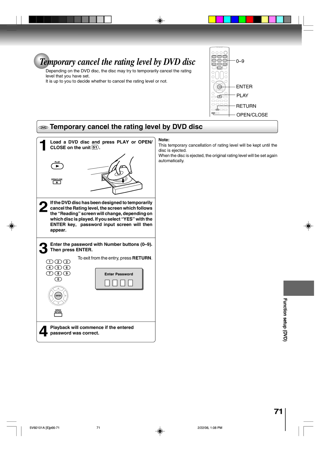 Toshiba MW27H62 owner manual Temporary cancel the rating level by DVD disc, Enter Play Return OPEN/CLOSE 