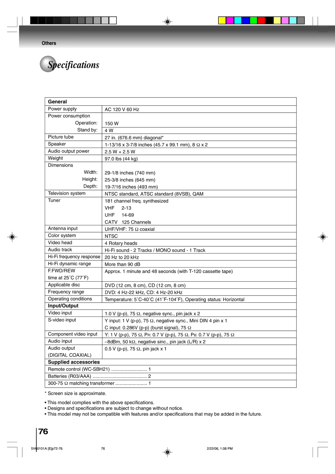 Toshiba MW27H62 owner manual Specifications, General, Input/Output, Supplied accessories 