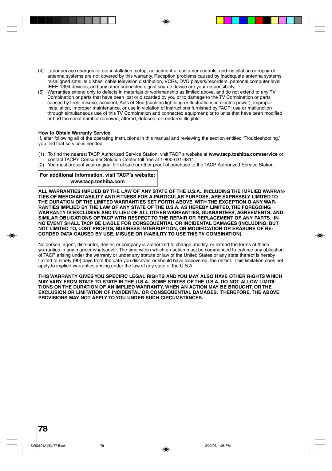 Toshiba MW27H62 owner manual For additional information, visit TACP’s website, How to Obtain Warranty Service 