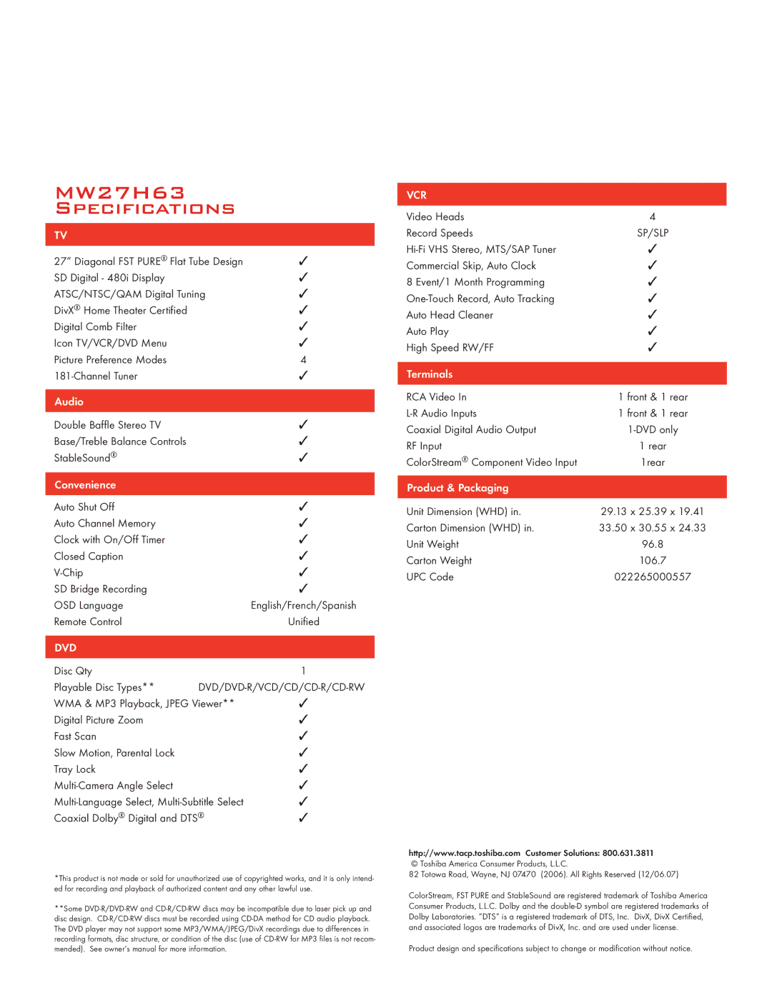 Toshiba manual MW27H63 Specifications, Dvd, Vcr 