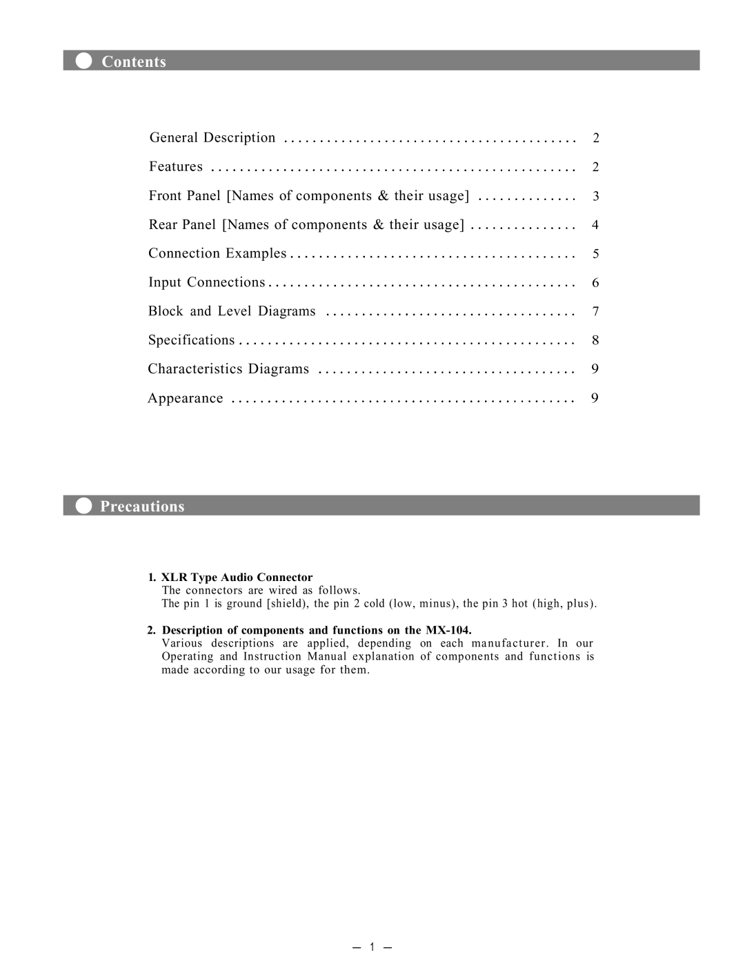 Toshiba MX-104 instruction manual Contents, Precautions 