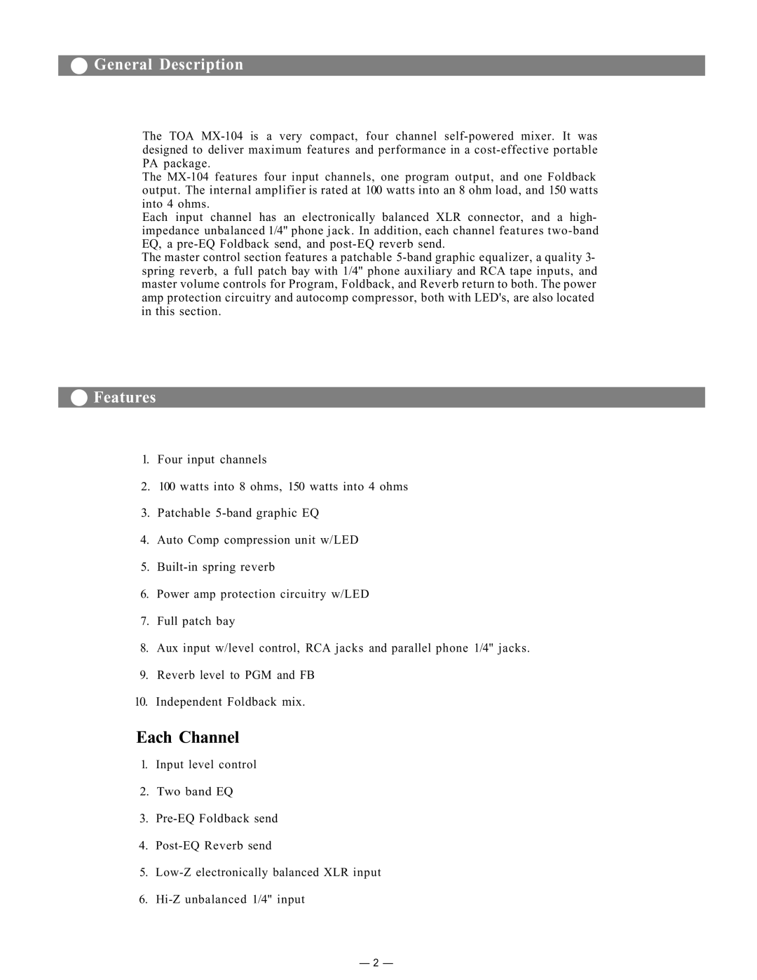 Toshiba MX-104 instruction manual General Description, Features 