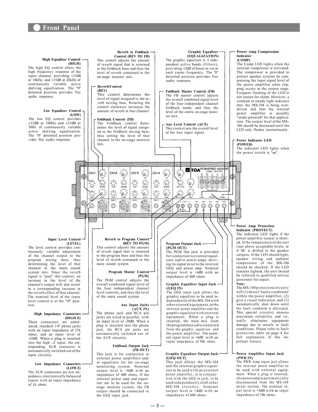 Toshiba MX-104 instruction manual Front Panel, High Equalizer Control High 