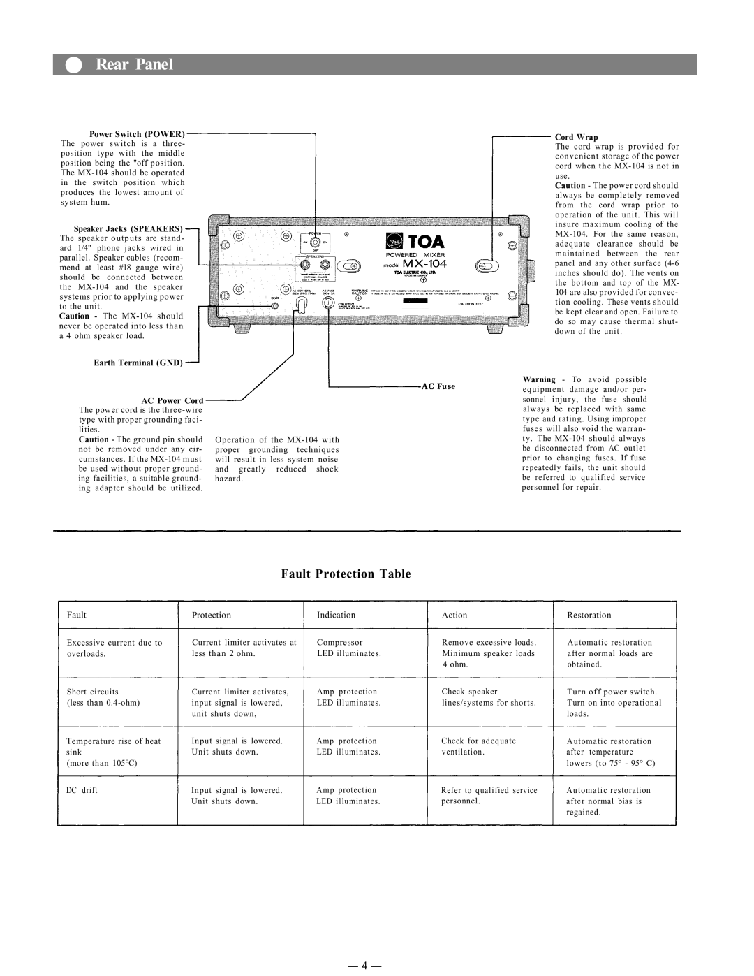 Toshiba MX-104 instruction manual Rear Panel, Power Switch Power 