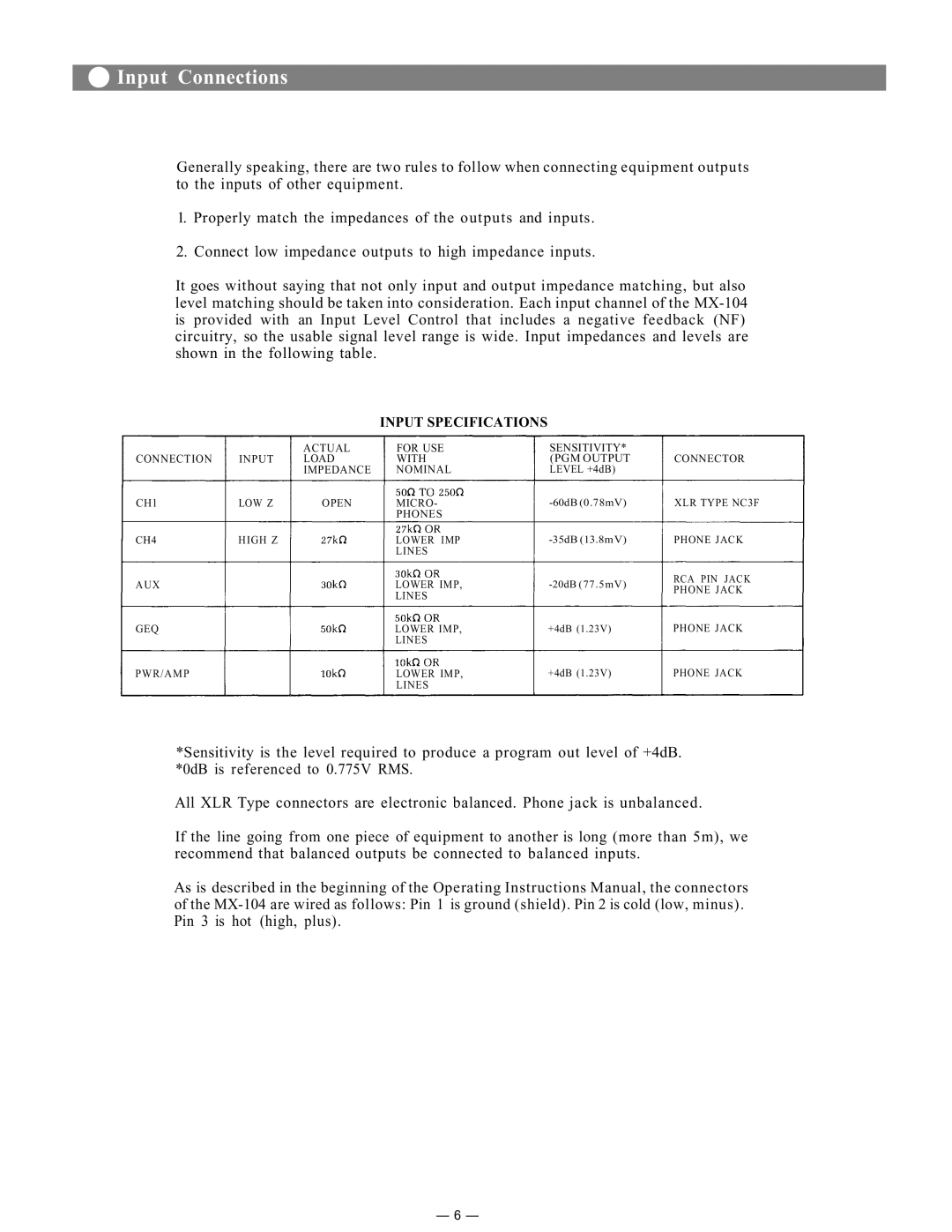 Toshiba MX-104 instruction manual Input Connections, Connect low impedance outputs to high impedance inputs 