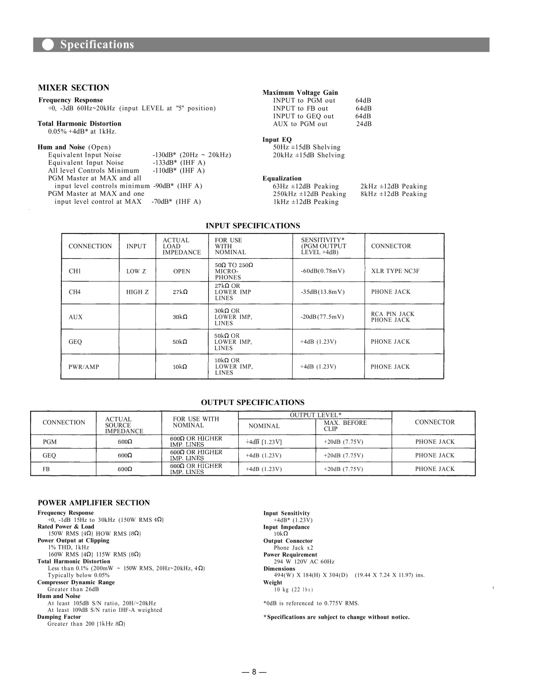 Toshiba MX-104 instruction manual Specifications 