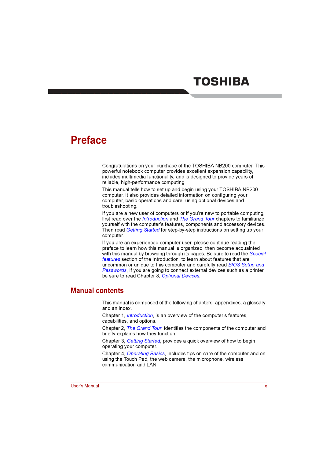 Toshiba NB200 manual Preface, Manual contents 