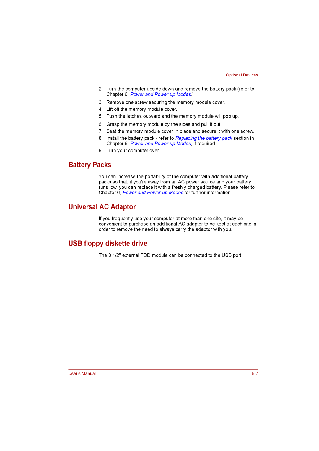 Toshiba NB200 manual Battery Packs, Universal AC Adaptor, USB floppy diskette drive 