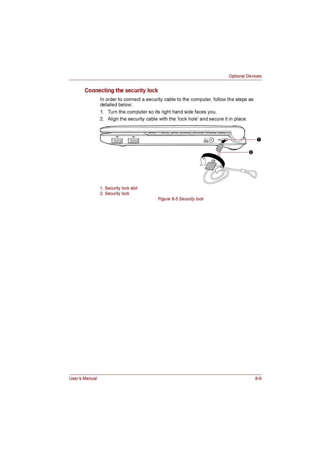 Toshiba NB200 manual Connecting the security lock, Security lock 