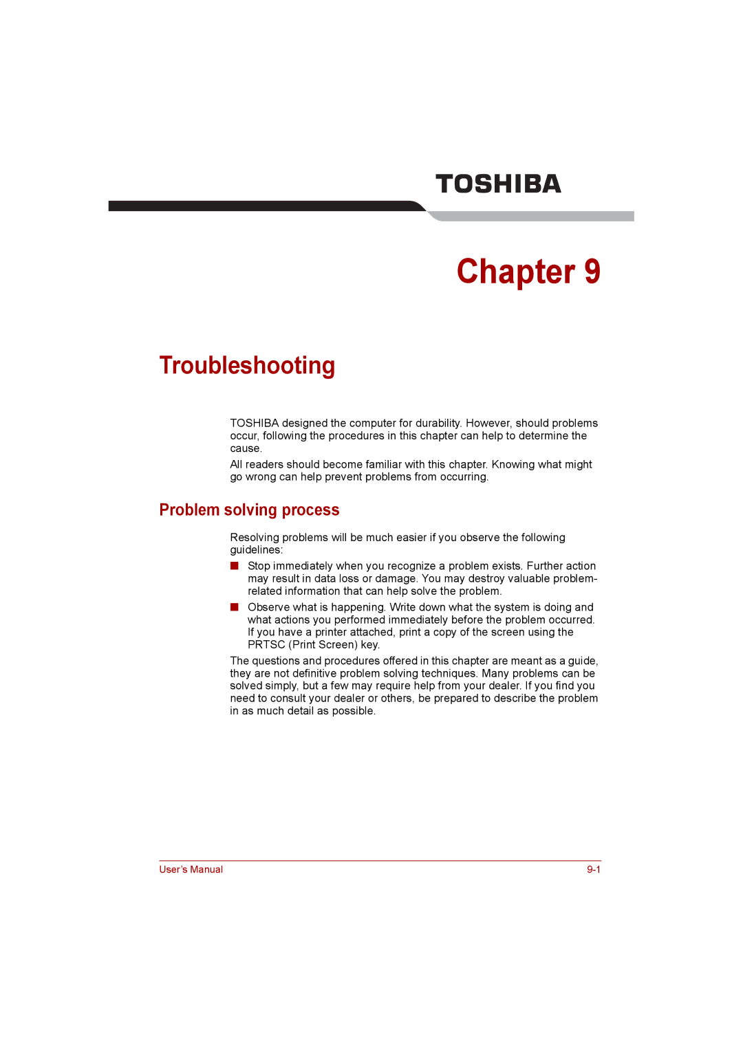 Toshiba NB200 manual Troubleshooting, Problem solving process 