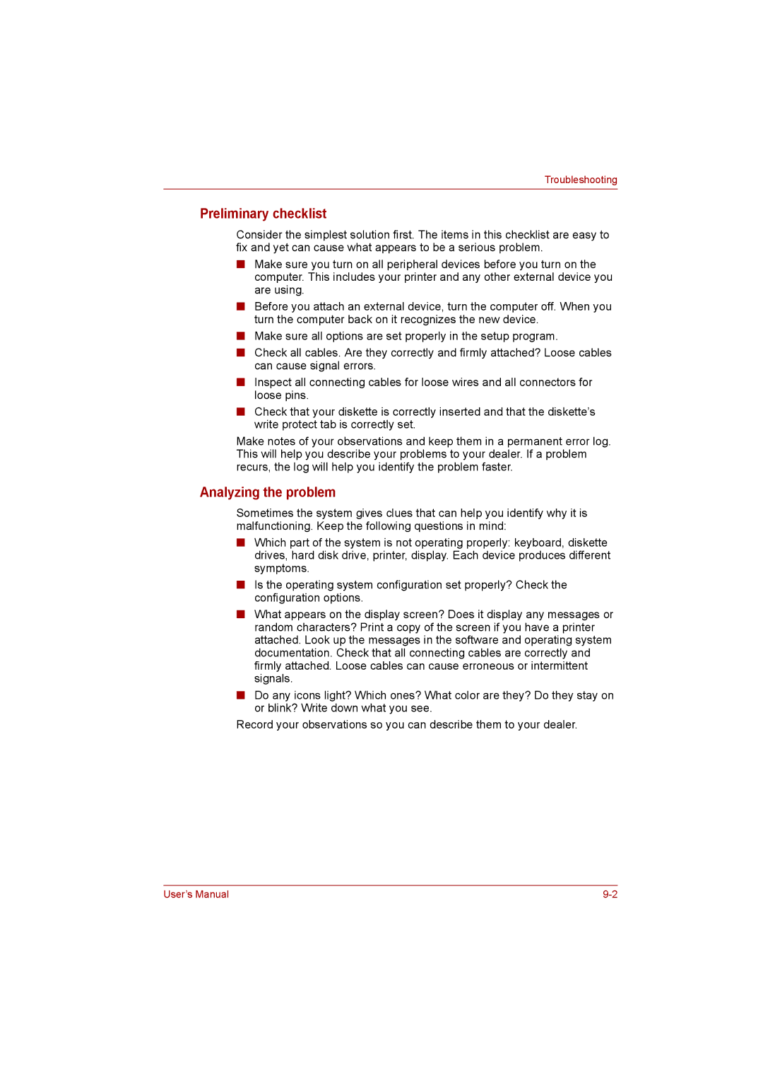 Toshiba NB200 manual Preliminary checklist, Analyzing the problem 