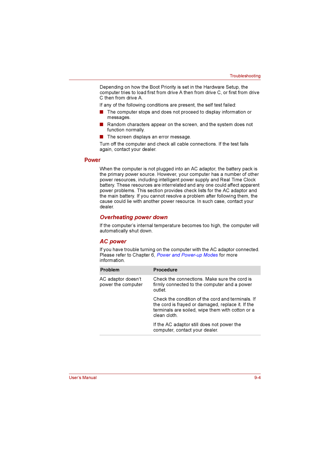 Toshiba NB200 manual Power, Overheating power down, AC power, Problem Procedure 