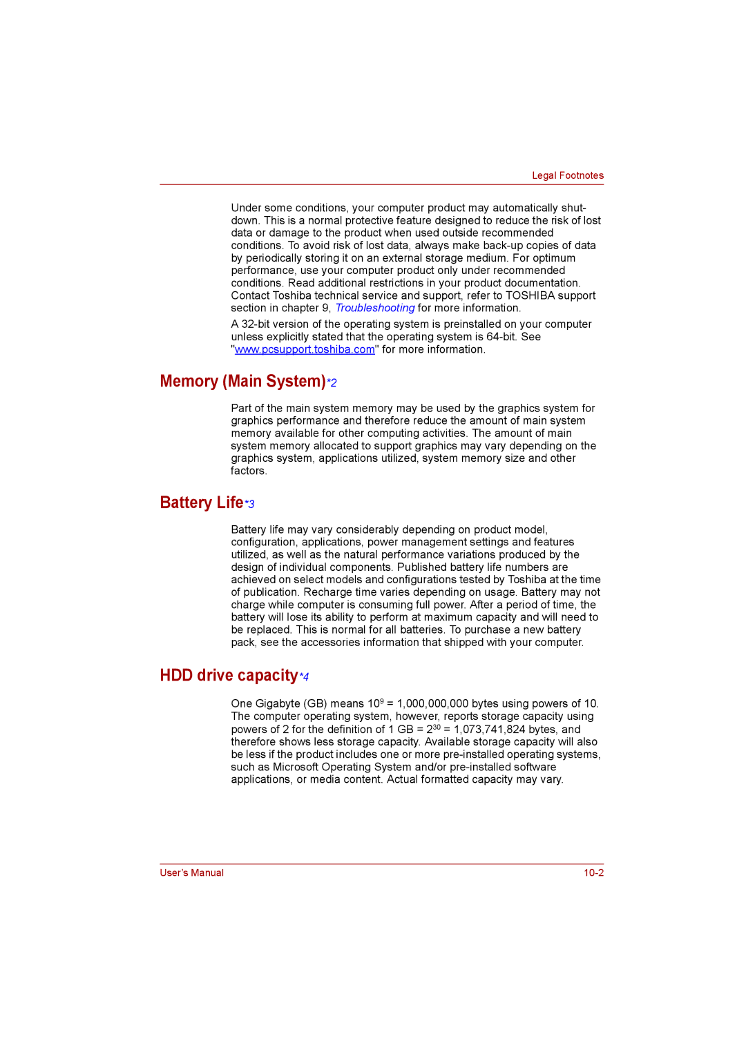 Toshiba NB200 manual Memory Main System*2, Battery Life*3, HDD drive capacity*4 