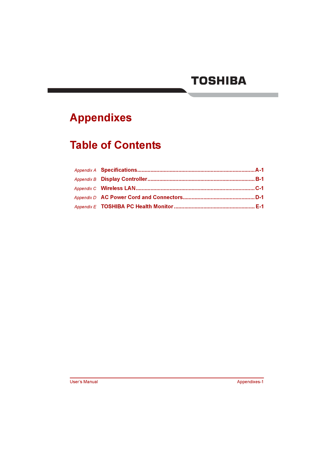 Toshiba NB200 manual Appendixes Table of Contents 