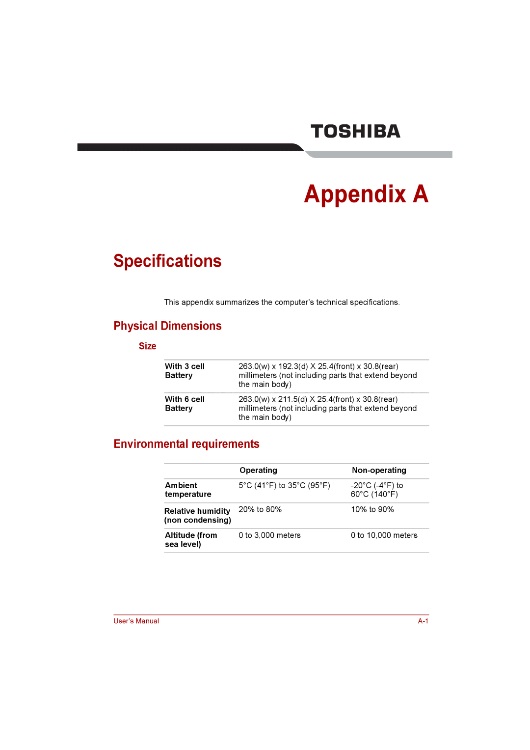 Toshiba NB200 manual Specifications, Physical Dimensions, Environmental requirements, Size 