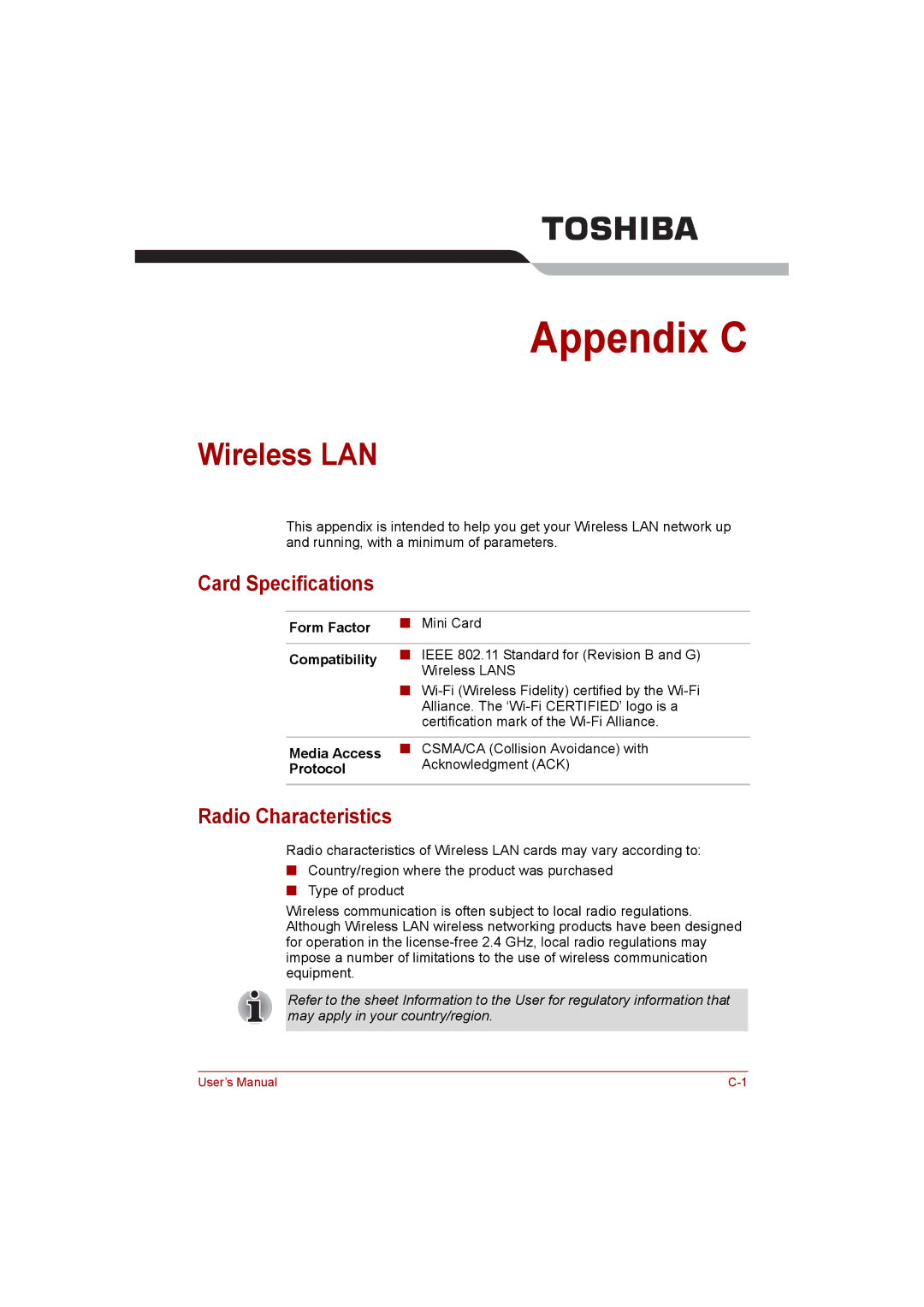 Toshiba NB200 manual Wireless LAN, Card Specifications, Radio Characteristics 