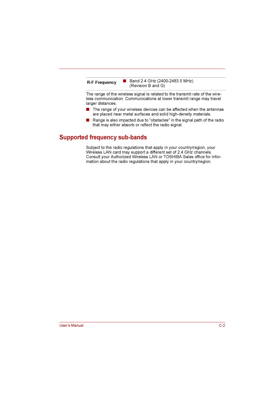 Toshiba NB200 manual Supported frequency sub-bands, Frequency 