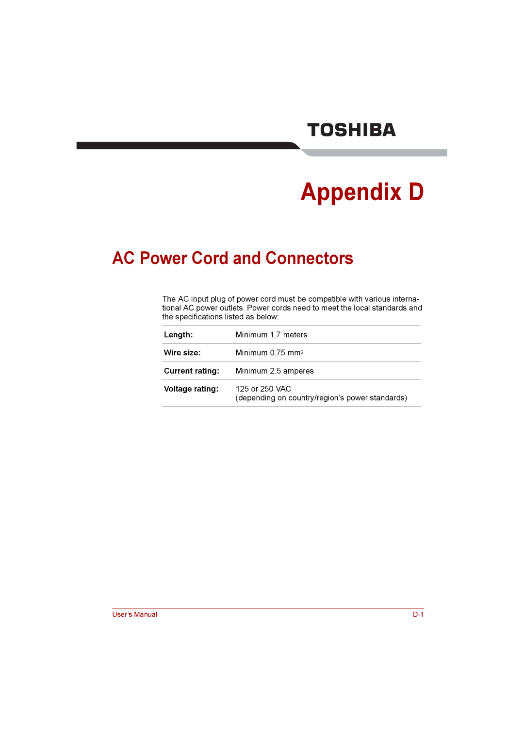 Toshiba NB200 manual AC Power Cord and Connectors, Length, Wire size, Current rating, Voltage rating 