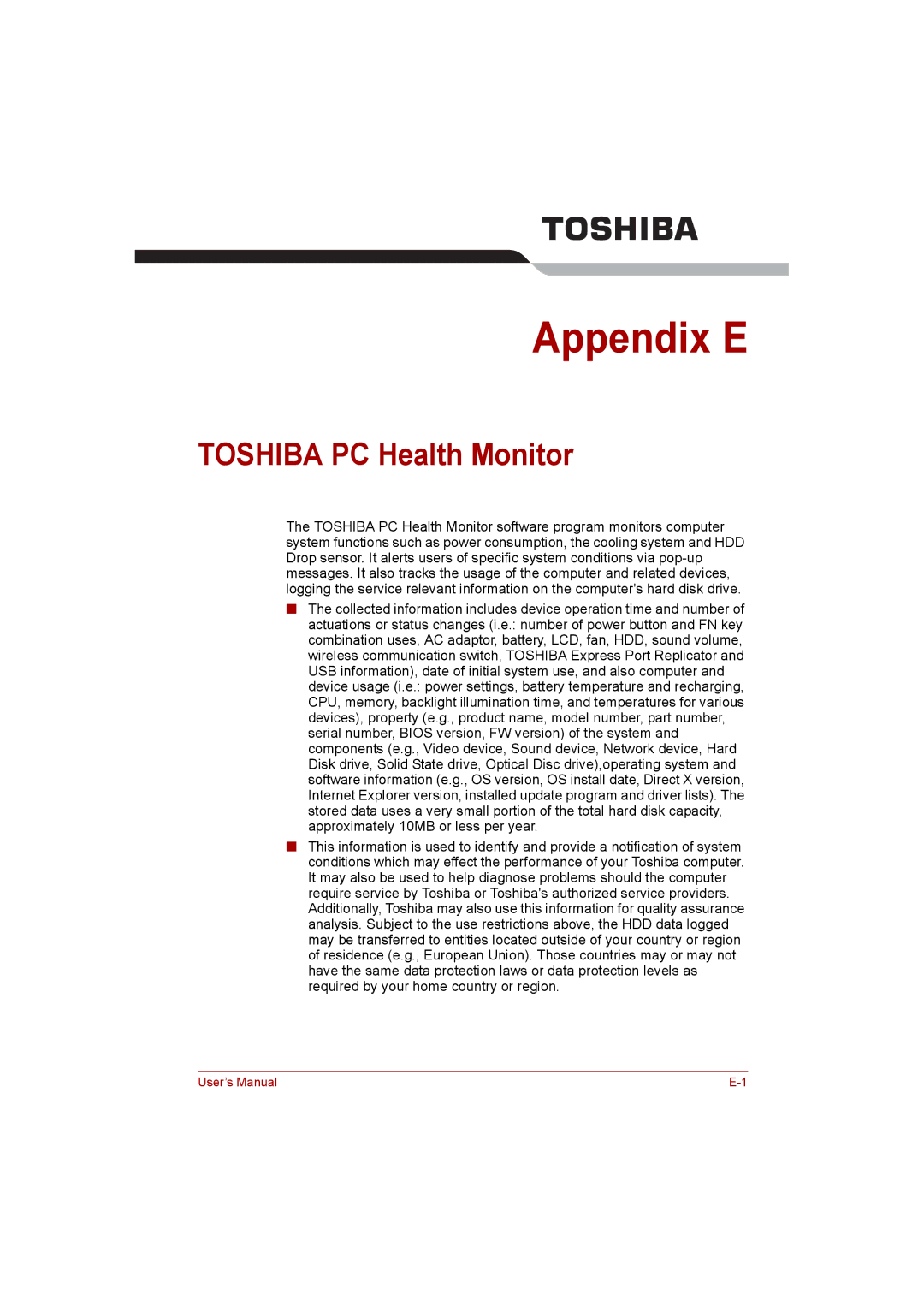 Toshiba NB200 manual Appendix E, Toshiba PC Health Monitor 