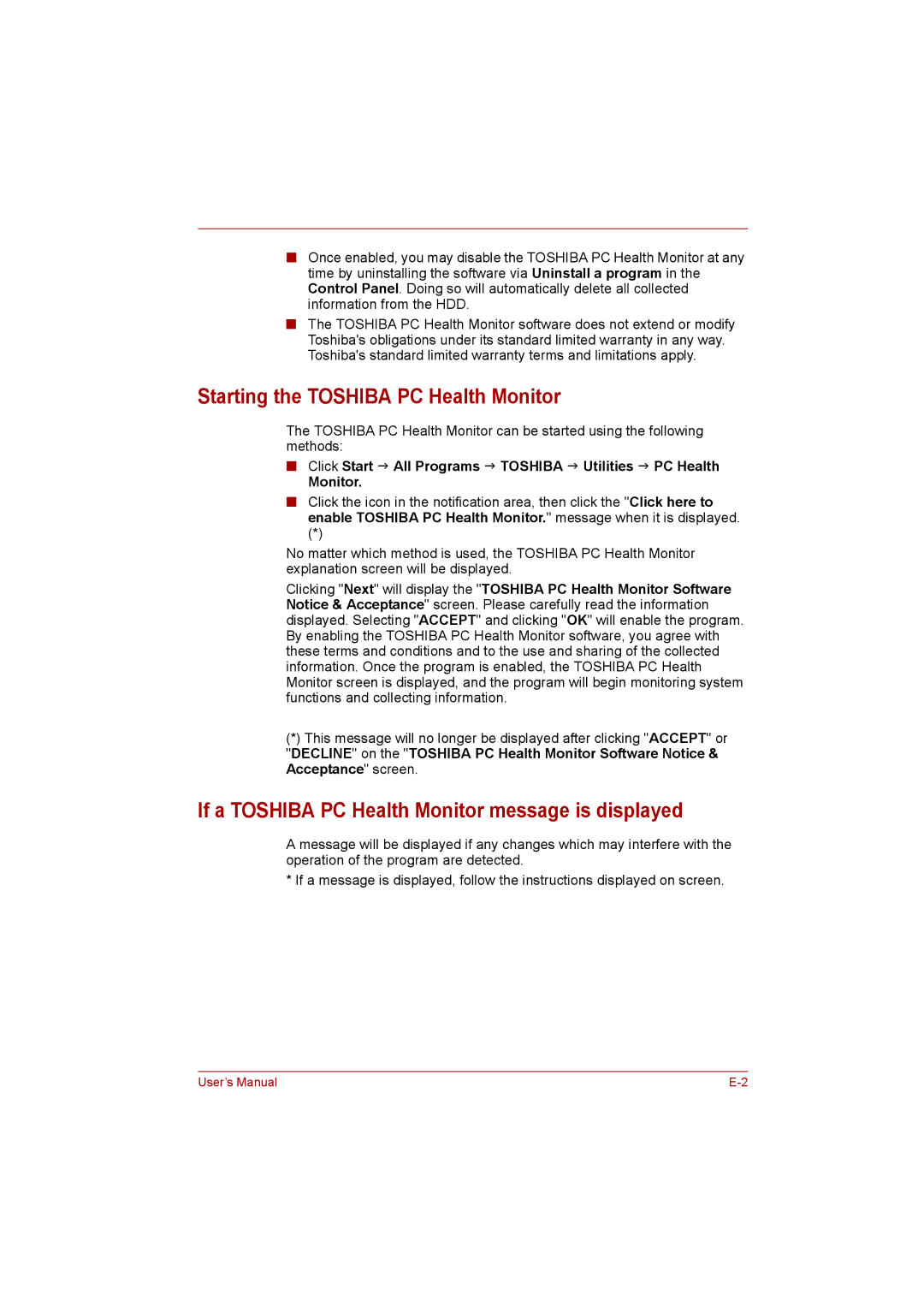 Toshiba NB200 manual Starting the Toshiba PC Health Monitor, If a Toshiba PC Health Monitor message is displayed 