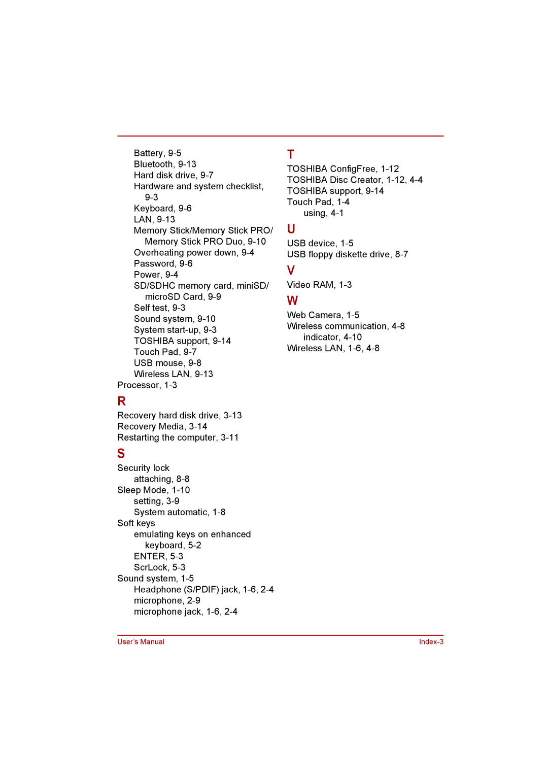 Toshiba NB200 manual User’s Manual Index-3 