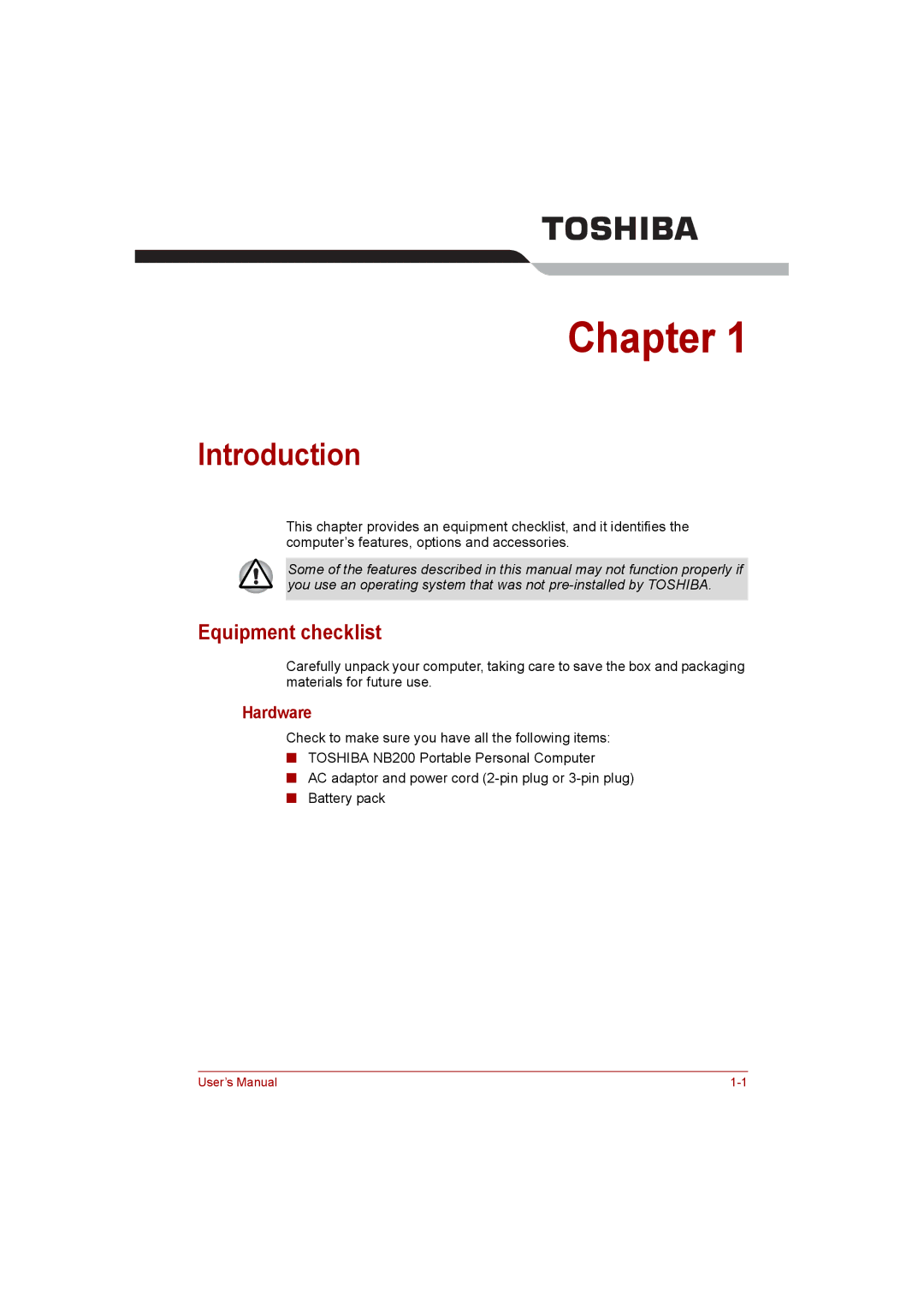 Toshiba NB200 manual Introduction, Equipment checklist, Hardware 