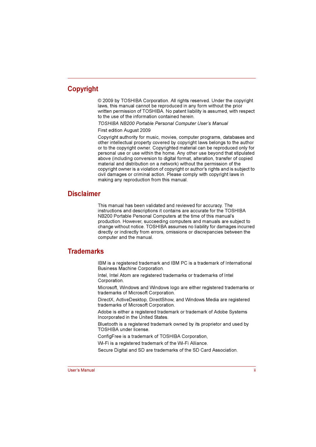 Toshiba NB200 manual Copyright, Disclaimer, Trademarks 