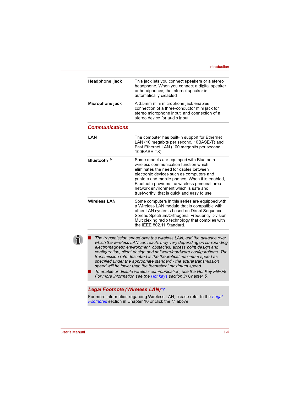 Toshiba NB200 manual Communications, Legal Footnote Wireless LAN*7 