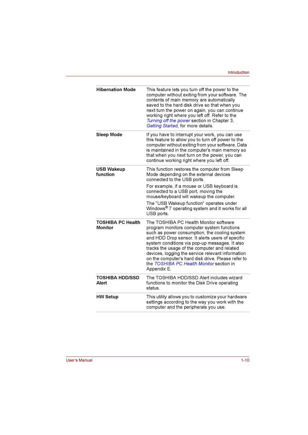 Toshiba NB200 manual Hibernation Mode, Sleep Mode, USB Wakeup, Function, Toshiba PC Health, Monitor, Alert, HW Setup 