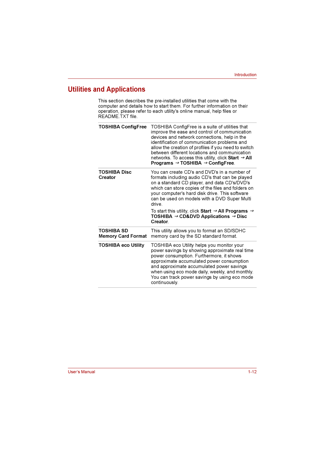 Toshiba NB200 manual Utilities and Applications 