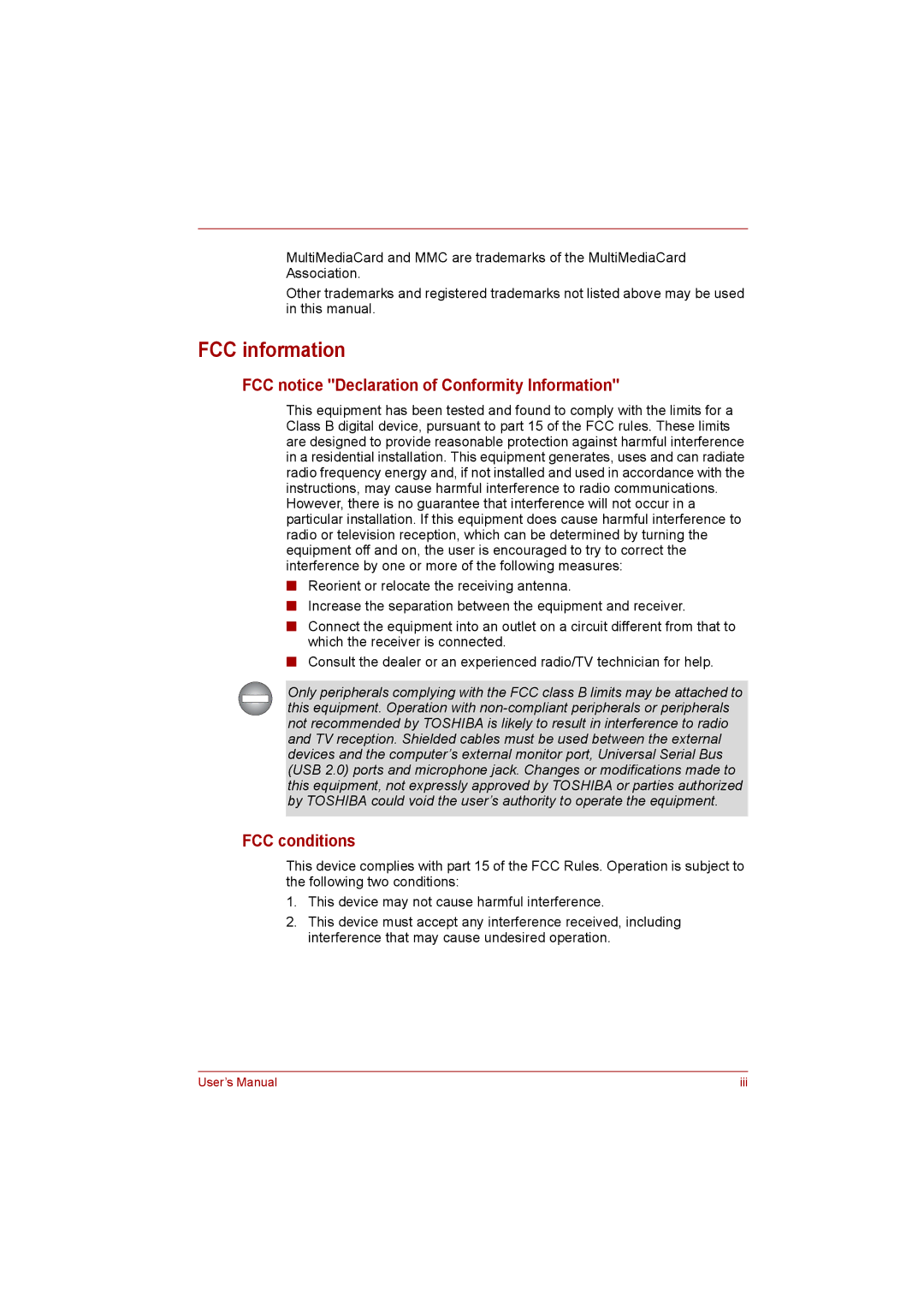 Toshiba NB200 manual FCC information, FCC notice Declaration of Conformity Information, FCC conditions 